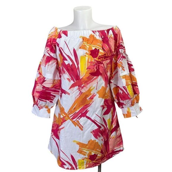 NY & Co Multicolored Off‎ Shoulder Bell Tiered Sleeves Shift Mini Dress XS NEW! - Picture 1 of 9